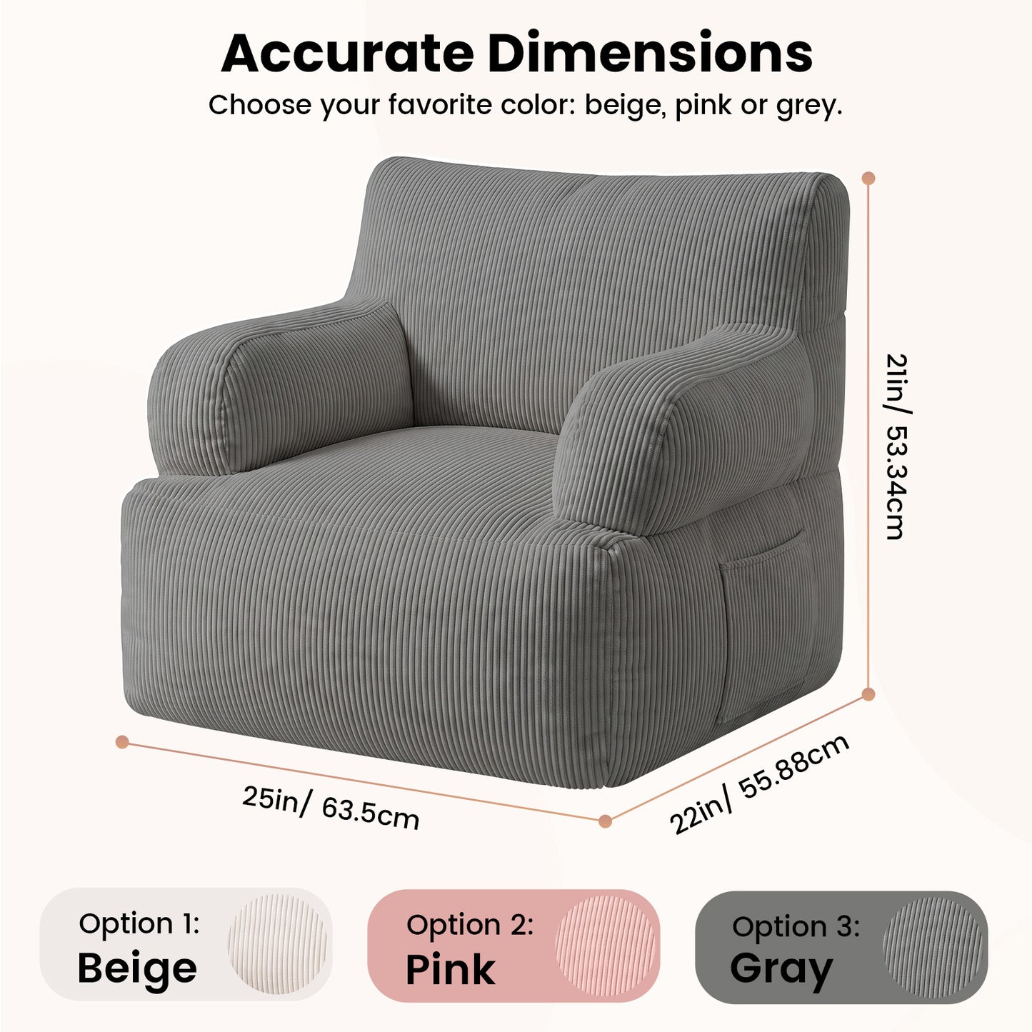 BAOKALER Kids Bean Bag Chair, Filled with Memory Foam, Toddler Kids Floor Lazy Sofa with Side Pocket, Lightweight Comfort Lounge Chair for Gaming, Reading, Relaxing, Gray