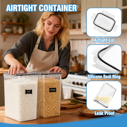 9.5L (6-Pack) Glass Grain Storage Containers with Airtight Lids, 6 Chalkboard Labels with 1 Marker，6 Measuring Cups, Transparent Pantry Organization for Cereals, Pasta, Flour & Dry Food