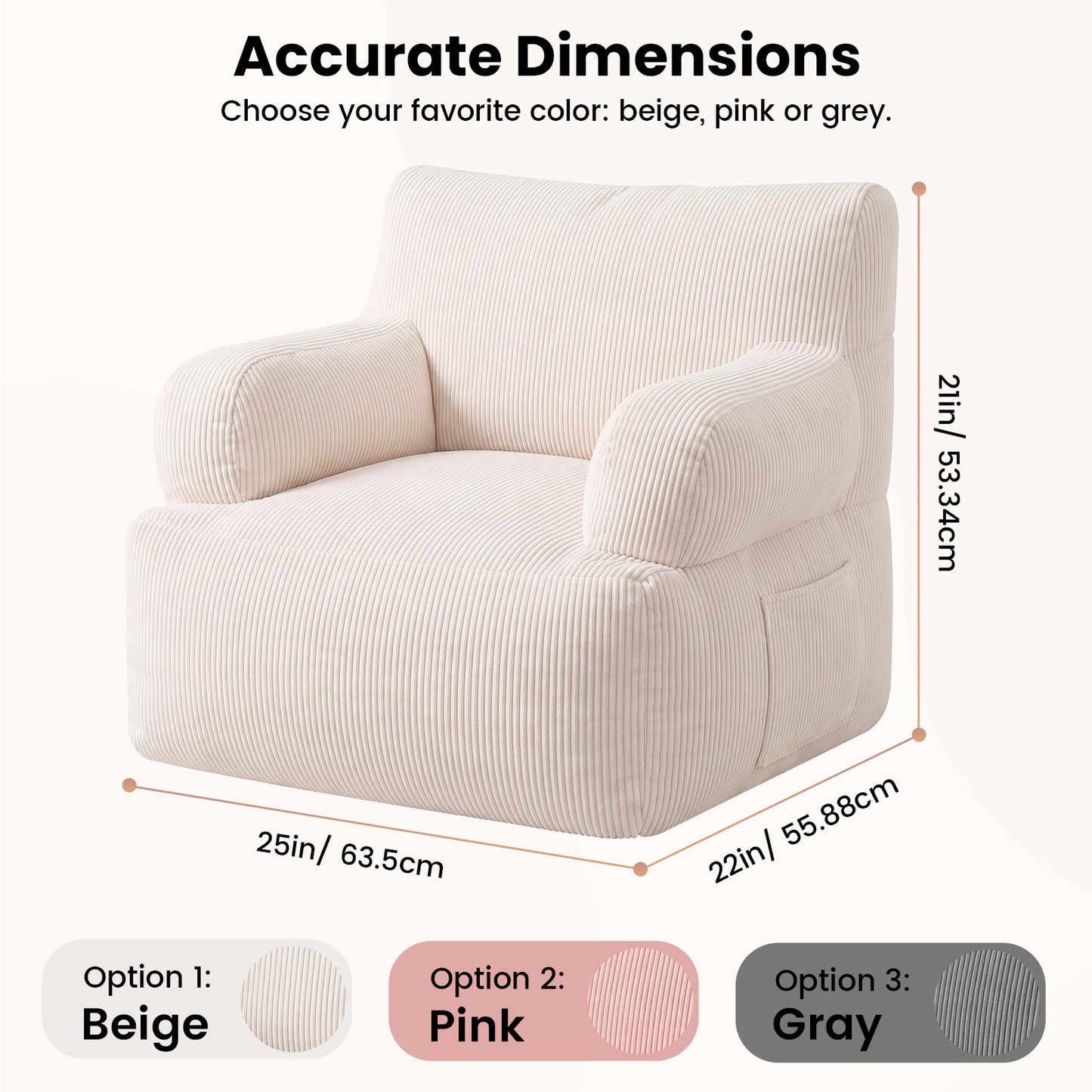 BAOKALER Kids Bean Bag Chair, Filled with Memory Foam, Toddler Kids Floor Lazy Sofa with Side Pocket, Lightweight Comfort Lounge Chair for Gaming, Reading, Relaxing, Beige