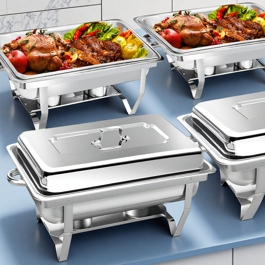 BAOKALER 4 Pack 9QT Foldable Chafing Dish Buffet Set, Stainless Steel Rectangular Food Warmer, Silver Catering Server for Party Banquet Home Use