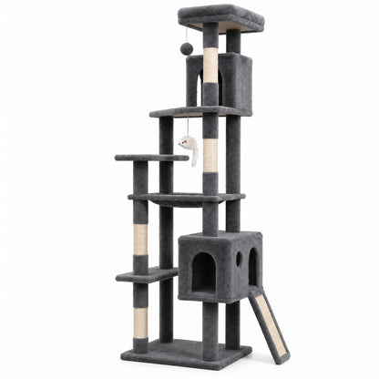70" Cat Tree Tower, Heavy Duty Cat Tower for Multiple Adult Cats, Multi-Level Tall Cat Tree with 2 Condos, Hammock and Scratching Post for Indoor Kitties, Dark Grey