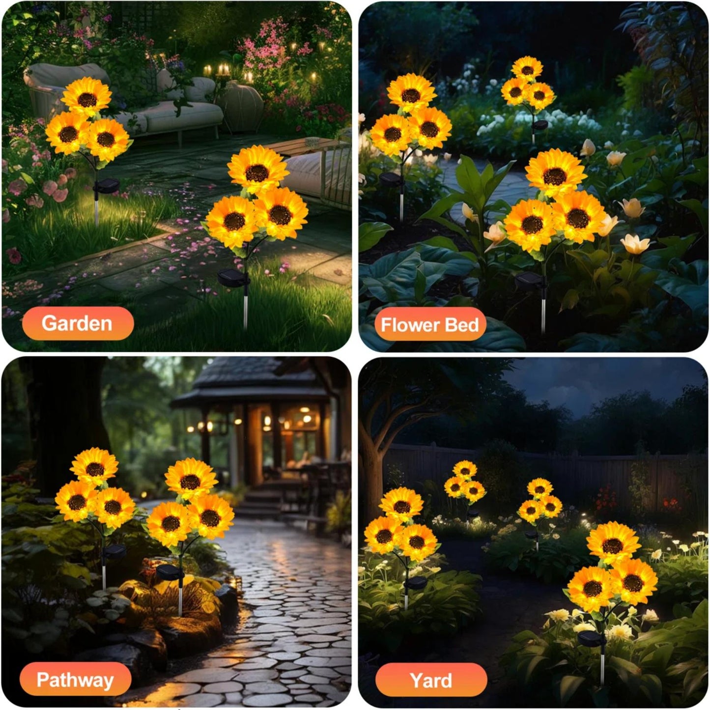 TopZoo 2PCS Solar Lights Outdoor, Three Head LED Sunflower Garden Lights, Waterproof, Auto On/Off Garden Decor Lights for Yard, Pathway, Patio, Porch