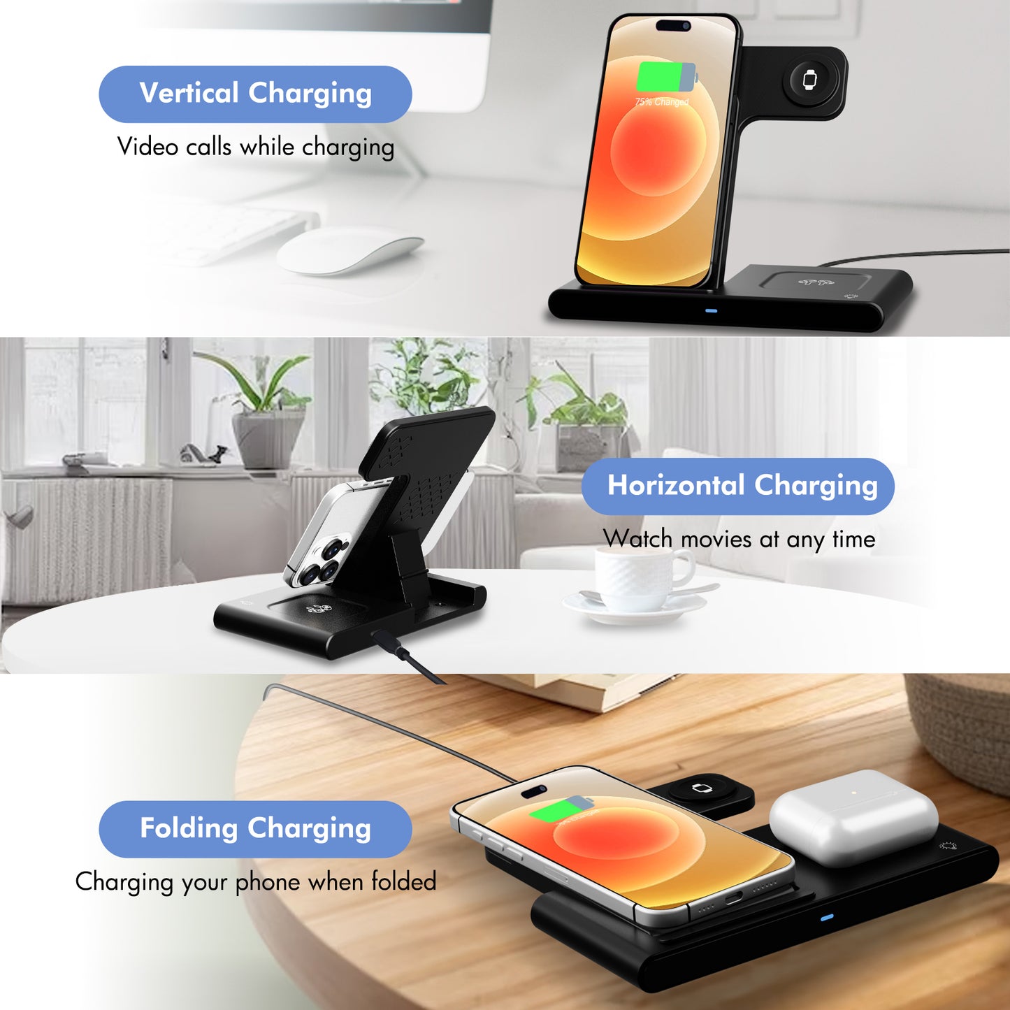Wireless Charger, 3 in 1 Magnetic Charging Station 15W Fast Charging for iPhone 15 14 13 12 11 Pro Max, Compatible with iWatch 9-2, AirPods Pro, Portable, Foldable and Adjustable Angle,Clearance