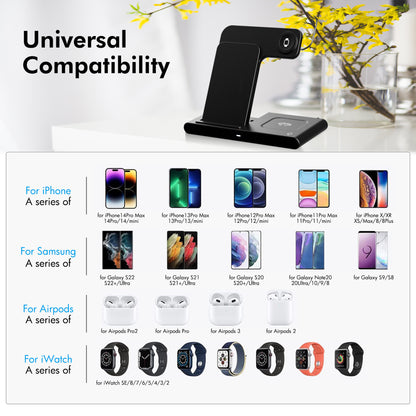 3 in 1 wireless charger, foldable and Portable charging station, Fast Charging Stand for iPhone 16 15 14 13 12 11 Pro Max XS XR X 8, compatible with iWatch Series and AirPods 3 2 Pro