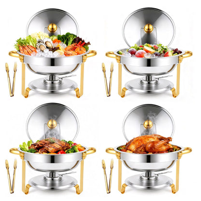 CATGOOD Chafing Dish Buffet Set 4 Pack 5QT Round Half-Gold Plated Stainless Steel Chafing Dish with Stainless Steel Lid, Buffet Warmer Set, for Home Gatherings, Christmas Parties, Catering Events