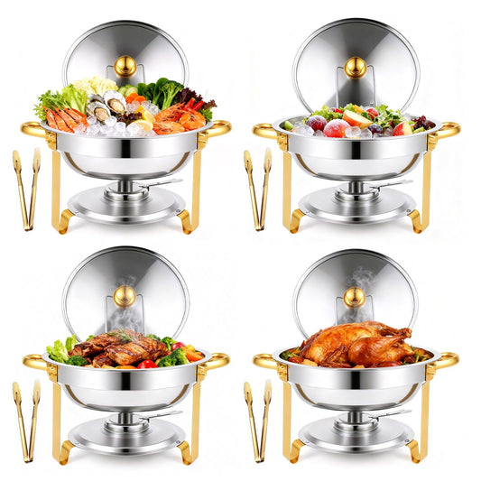 CATGOOD Chafing Dish Buffet Set 4 Pack 5QT Round Half-Gold Plated Stainless Steel Chafing Dish with Stainless Steel Lid, Buffet Warmer Set, for Home Gatherings, Christmas Parties, Catering Events