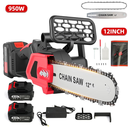 BAOKALER 12" Cordless Chainsaw, 950W Brushless Motor Battery Chain Saw with 2PCS 21V Rechargeable 3.0Ah Battery and Charger for Wood Cutting