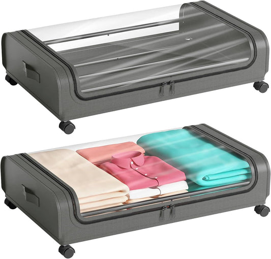 Under Bed Storage with Wheels, 2 Pack Under Bed Storage Containers, Under Bed Shoe Storage Organizer, Rolling Under Bed Metal Drawer for Clothes, Gray