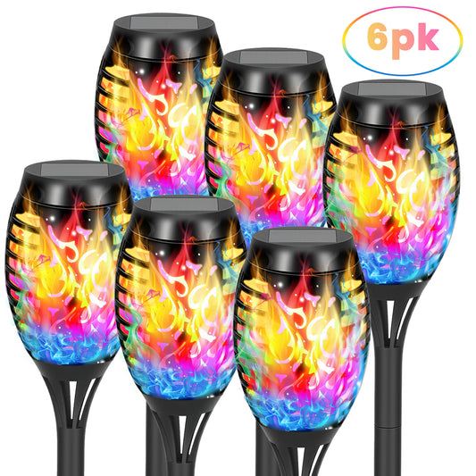 Flickering Flame Solar Lights Outdoor Decorative, 6 Pack Solar Garden Stake Lights Color Changing, Solar Torch Lights Outside for Yard, Patio, Garden, Pathway
