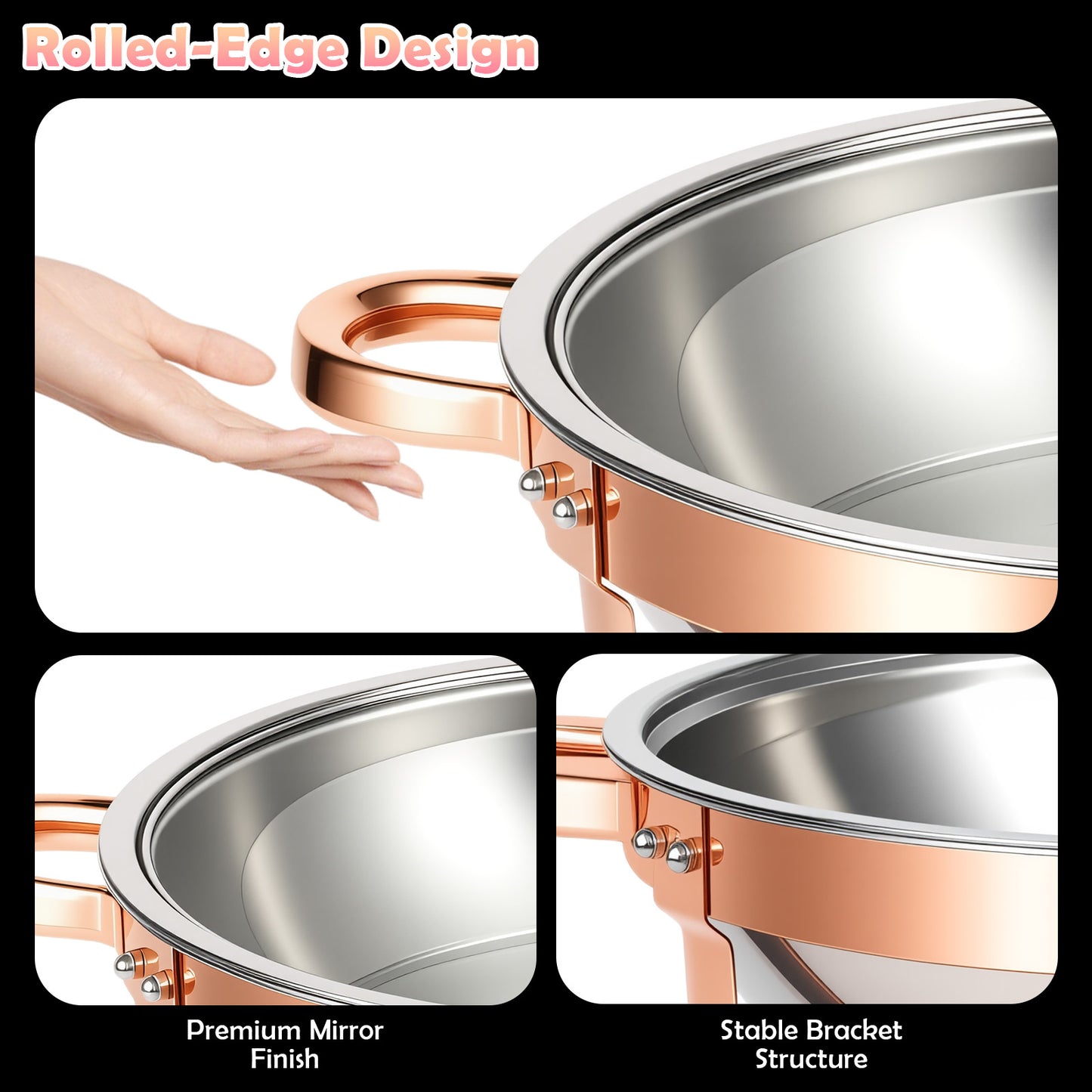 Chafing Dishes Buffet Set, 2 Pack 5.3QT Round Stainless Steel Chafer Set with Stands, Lids & Fuel Holders, Food Warmers for Parties, Catering Events, Weddings (Bright Pink Rose Gold Accents)