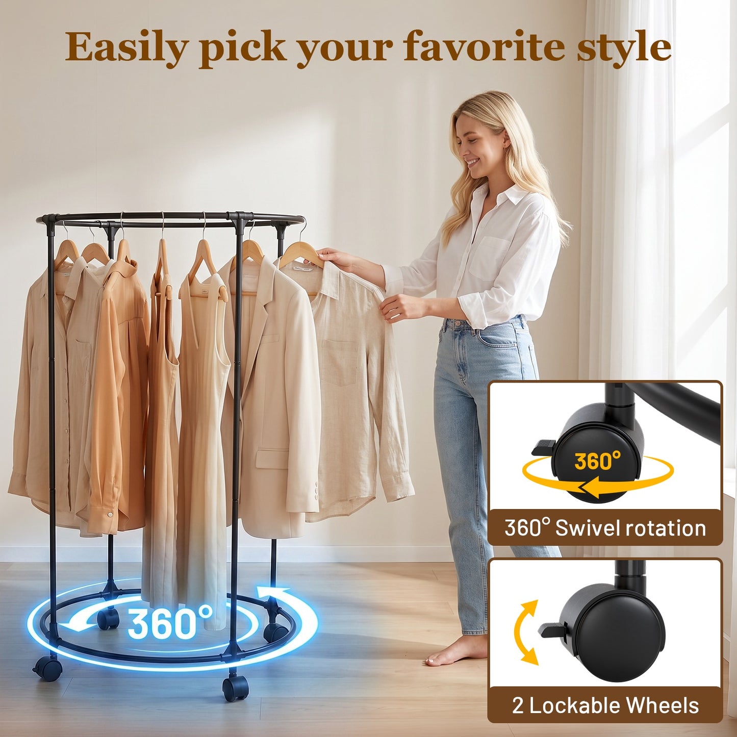 Clothes Rack, Rolling Round Garment Rack with 4 Universal Wheels and Shelf, Floor-Standing Clothes Hanging Rack for Bedroom, Black