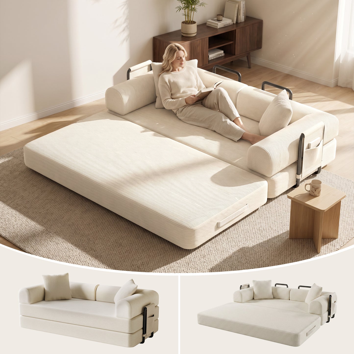 CATGOOD 78" Convertible Sofa Bed with Storage Bag, Sectional Couch for Living Room, Sleeper Loveseat Free Assembly, White