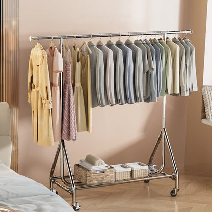 Clothing Rack Hanging Rack Heavy Duty Load 450 LBS, Metal Rolling Clothes Rack, Free Standing Garment Rack with Sturdy Wheels & Shelves, Portable Closet Wardrobe Rack, Sliver