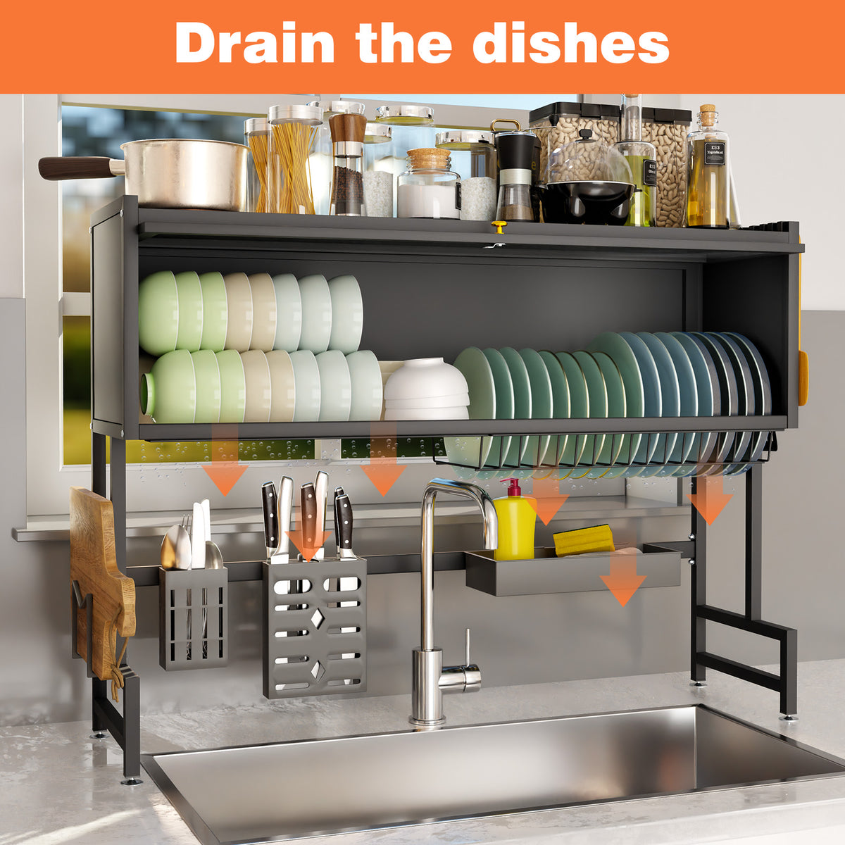 Dish Drying Rack, Large Stainless Steel Over The Sink 2 Tier Dish Rack with Cover for Kitchen (Black, Large 33.5" Length)