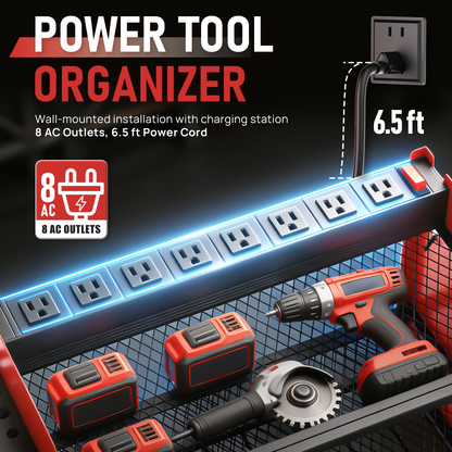Power Tool Organizer with 8 Charging Station & Outlets, Garage Drill Storage Shelf with 4 Drill Holder, 3 Layer Heavy Duty Tool Storage Rack, Gift for Men (Red)
