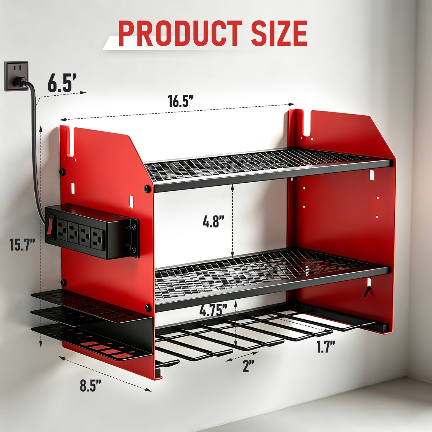Power Tool Organizer Wall Mount with 4 Charging Station, 3 Layer Heavy Duty Metal Power Tool Storage Rack Loads 200lbs with 4 Cordless Drill Holder for Garage(Red)