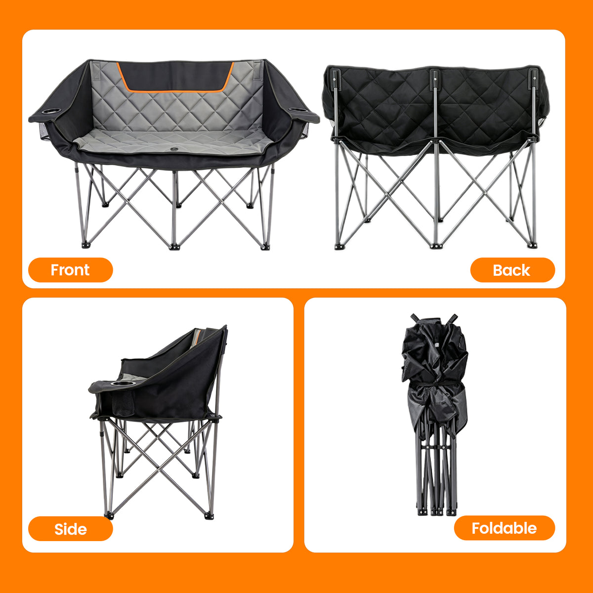 BAOKALER Double Camping Chair for 2 Person, Heavy Duty Folding Loveseat Outdoor Chair with Cup Holders and Armrests, Supports 660 LBS, Portable Oversized Couch for Beach Picnic Travel