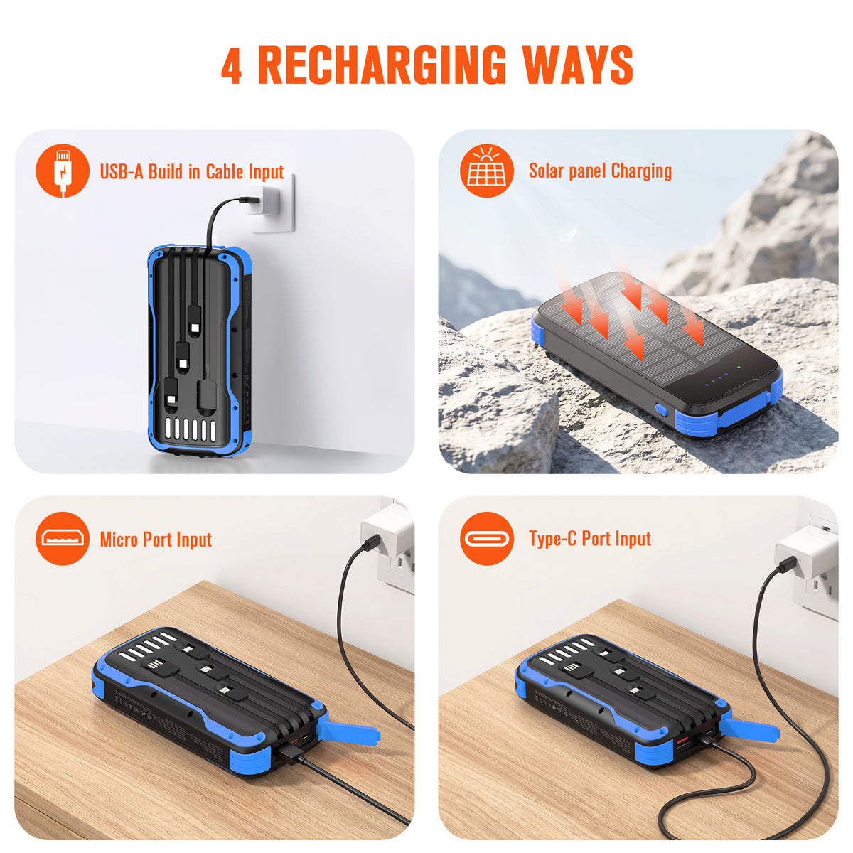 40000mAh Solar Power Bank Blue, Portable Charger 20W PD Fast Charging, Solar Charger Power Bank W/4 Built-in Cables & 9 Charging Ways, Waterproof Dual LED Flashlights for Camping Hiking