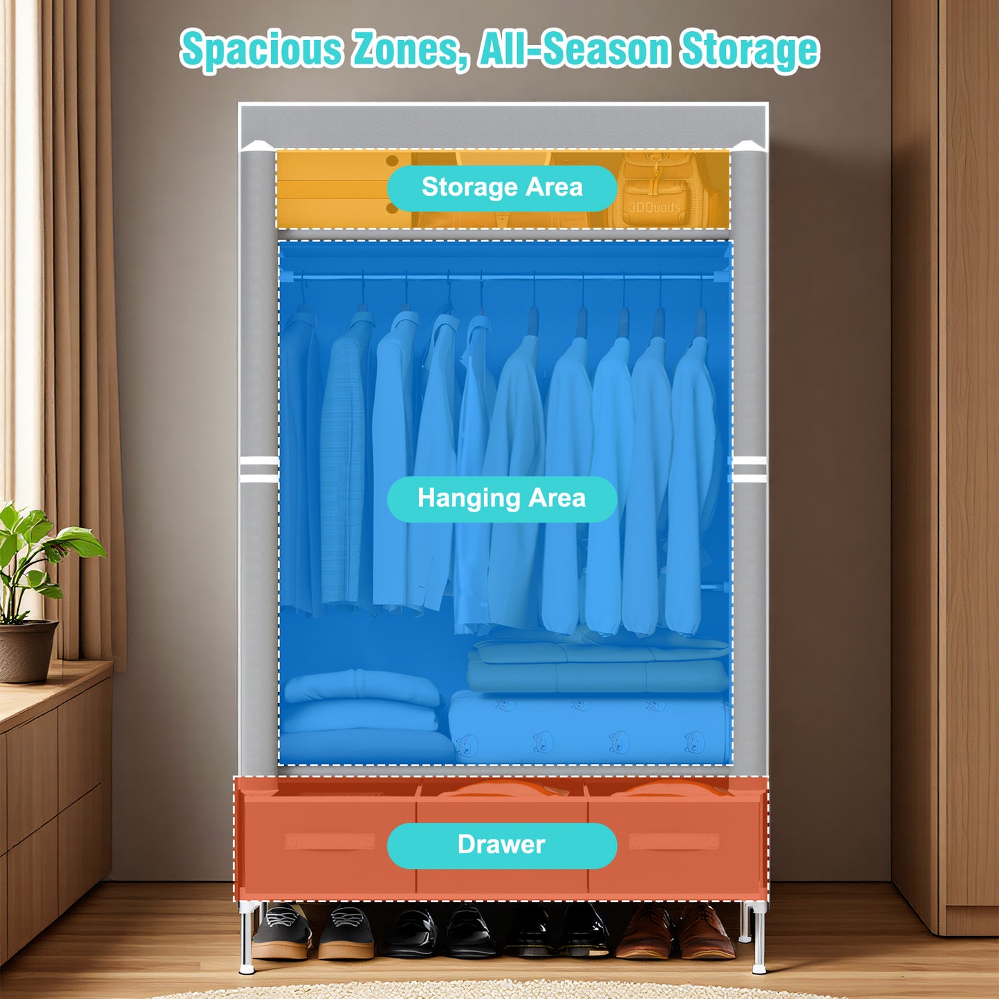 Simple & Portable Non-Woven Fabric Wardrobe with Hanging Space for Coats and Bags, Sturdy & Easy to Assemble, Includes 3 Storage Drawers, Ideal for Rentals, Dorms, Bedrooms, Gray