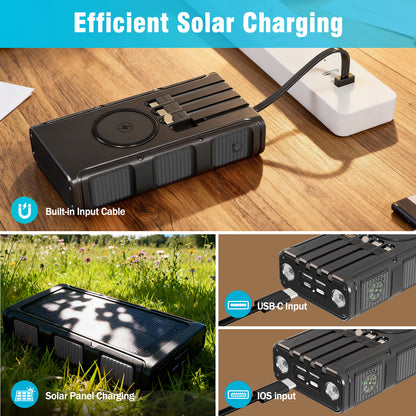 Power Bank Wireless Charger 68800mAh Built in Hand Crank and 4 Cables 15W Fast Charging Power Bank 7 Outputs & 4 Inputs Solar Portable Charger, SOS/Strobe/Strong Flashlights, Compass(Black)