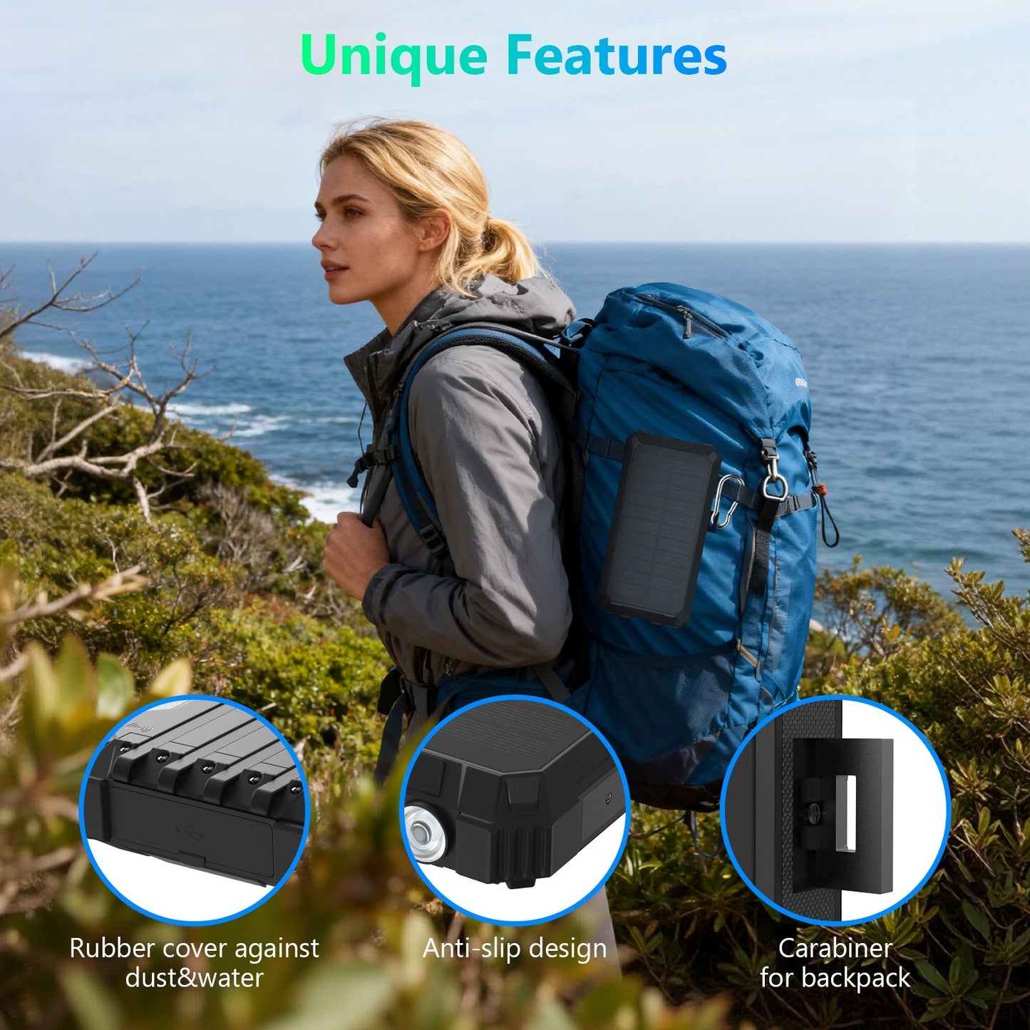 Power Bank Wireless Charger 46800mAh Built in 4 Cables Six Outputs 15W Fast Charging Power Bank for All Mobile Devices Three Inputs Solar Portable Charger with Dual Flashlights, Carabiner(Black)