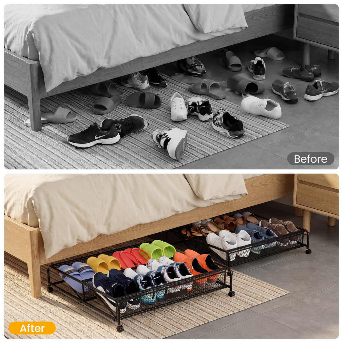 Under Bed Shoe Storage Organizer, Under Bed Storage Containers with Wheels for Under Bed Shoe Organizer Drawer, 2 Pack