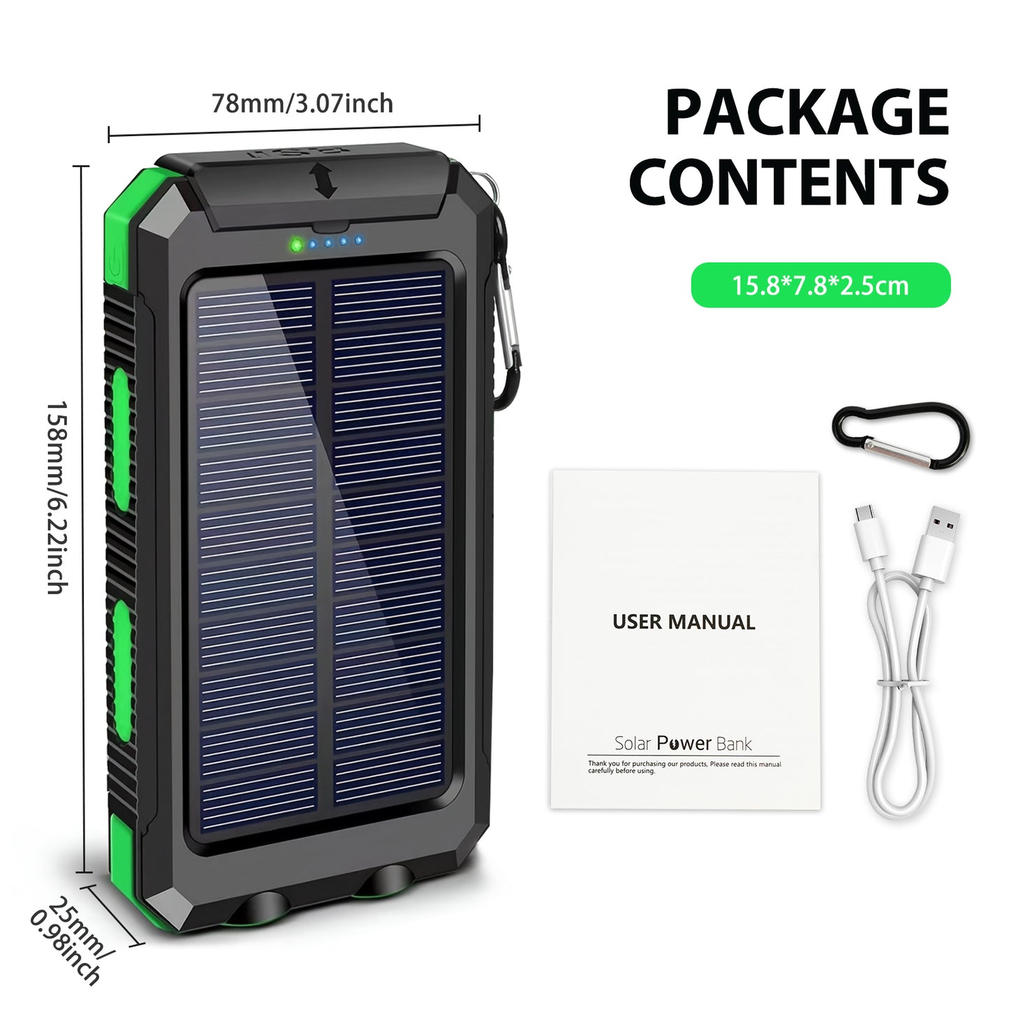 BAOKALER 30000mAh Solar Charger for Cell Phone iPhone, Portable Solar Power Bank with Dual 5V USB Ports, 2 Led Light Flashlight, Compass Battery Pack for Outdoor Camping Hiking(Green)