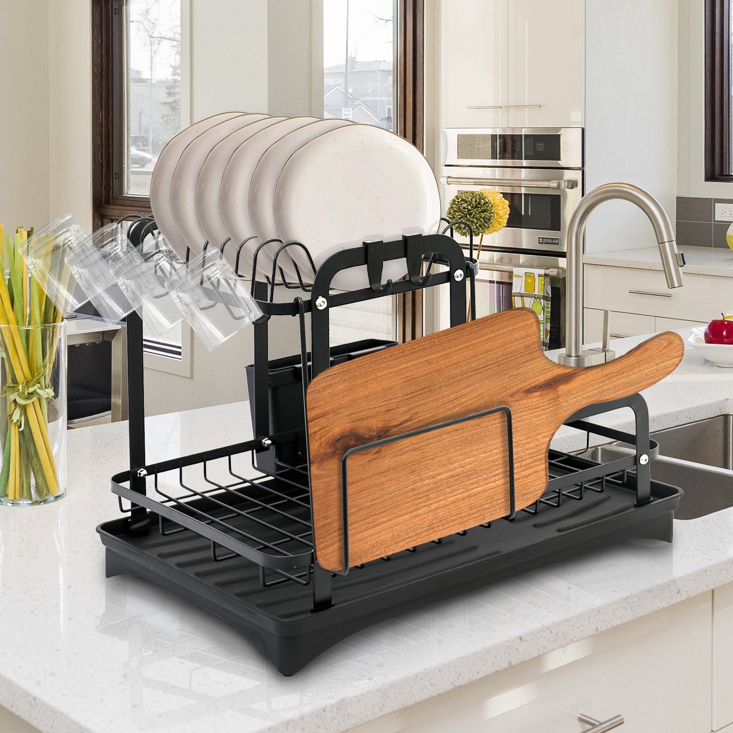 2-Tier Dish Rack for Kitchen, Dish Drying Rack with Drain Board Tray, Compact Dishing Rack with Utensil Holder, Cutting Board Holder, Kitchen Dishes Storage and Organizers