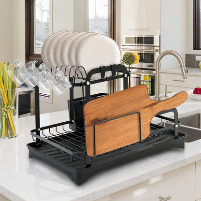 2-Tier Dish Rack for Kitchen, Dish Drying Rack with Drain Board Tray, Compact Dishing Rack with Utensil Holder, Cutting Board Holder, Kitchen Dishes Storage and Organizers