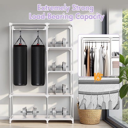 BAOKALER Portable Closet Organizer with 6 Shelves & 1 Hanging Rod, Non-woven Fabric Wardrobe Clothes Storage with 4 Side Pockets for Bedroom, Living Room, Cloakroom, Dorm, Apartment, Black