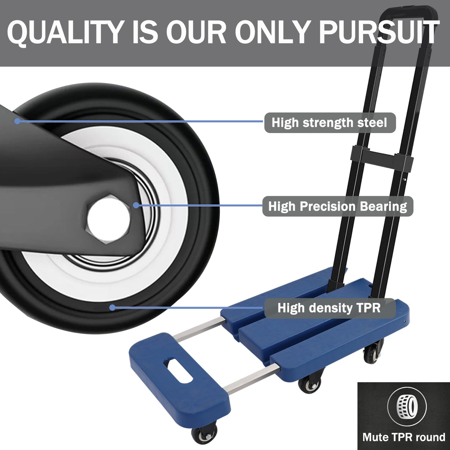 Folding Hand Truck, Heavy Duty Dolly Cart, Push Dolly Cart Foldable Platform with 6 Wheels, Blue