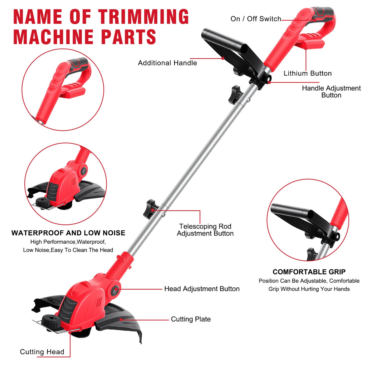 CATGOOD Cordless String Trimmer, 2AH Battery Powered Weed Trimmer with Fast Charger, Red