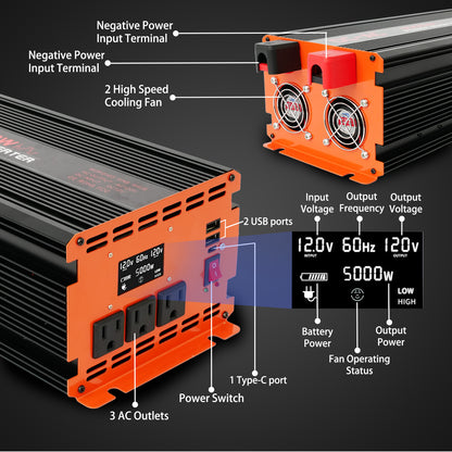 5000 Watt Power Inverter 12V DC to 110V/120V AC Converter Car Inverter with LCD Display