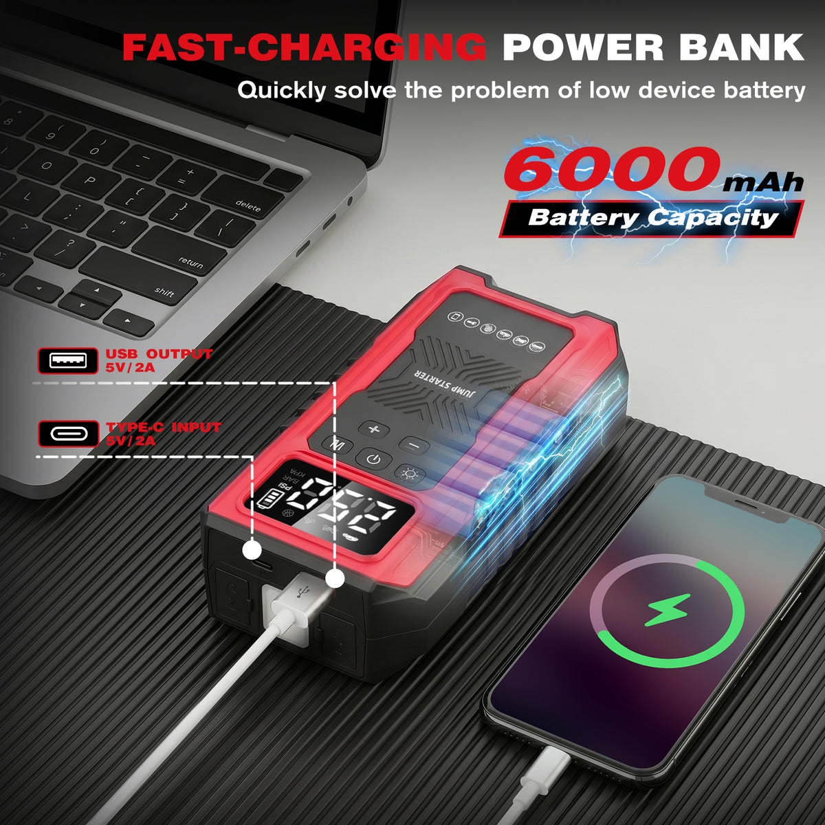 1200A Peak Car Battery Jump Starter with Tire Inflator, Portable 4?in?1 Jump Starter with USB Output & 150 PSI Air Compressor, 12V Jump Pack with Full?Screen LED Display and SOS Emergency Light, Red