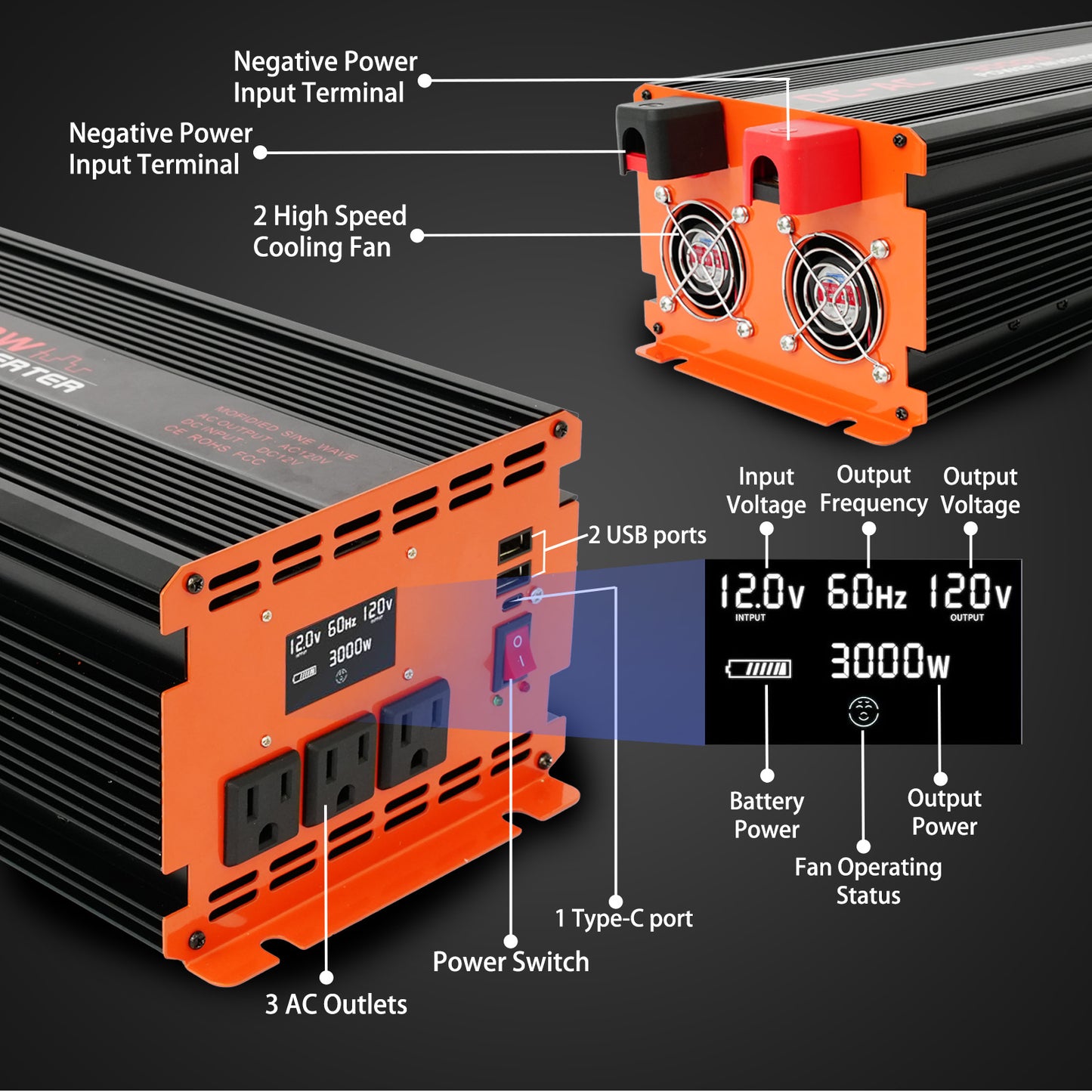 3000 Watt Power Inverter 12V DC to 110V/120V AC Converter Car Inverter with LCD Display