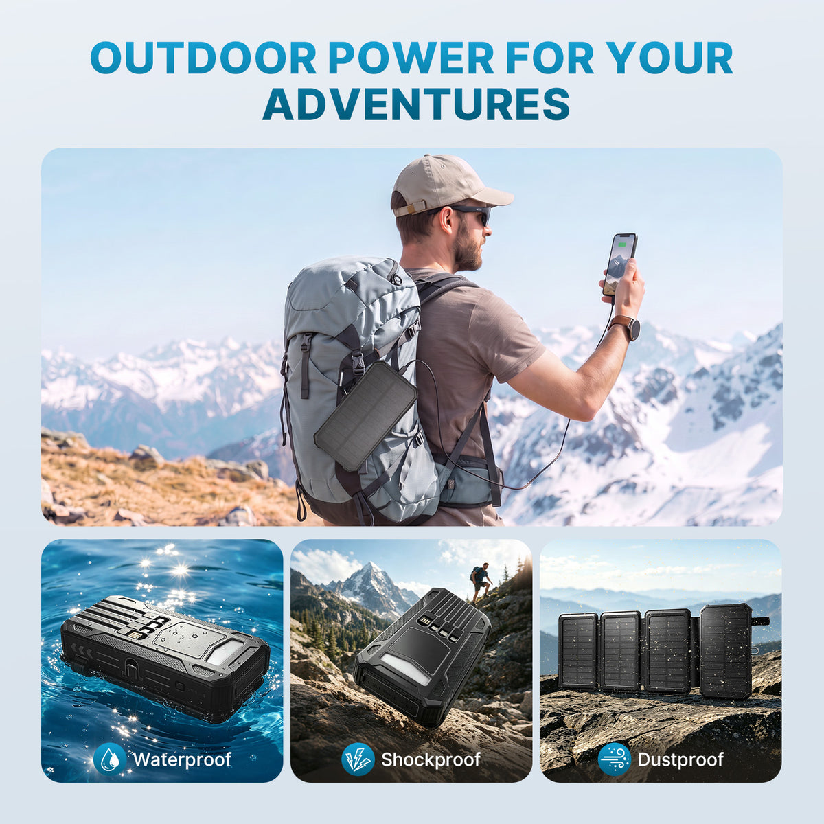 Solar Power Bank 46800mAh, PD15W Fast Charging Solar Charger with 4 Built-in Cables & Wireless Charging, Portable Solar Charger for Cell Phone, Solar Battery Pack for Camping (Black)