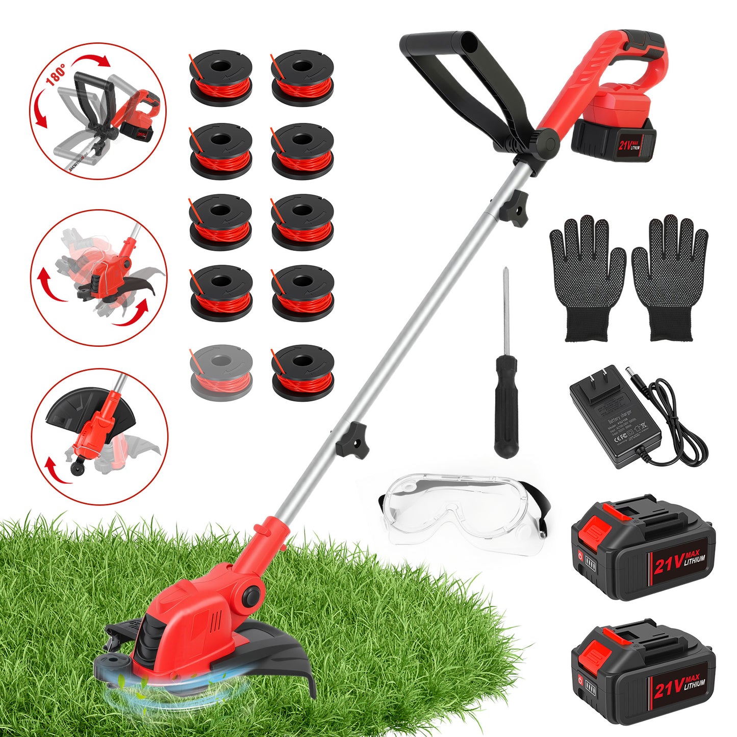 CATGOOD 4AH String Trimmer and Lawn Edger 2 in 1, 12" Cordless Weed Eater with Auto Line Feed, Weed Trimmer with 2 Batteries, Red