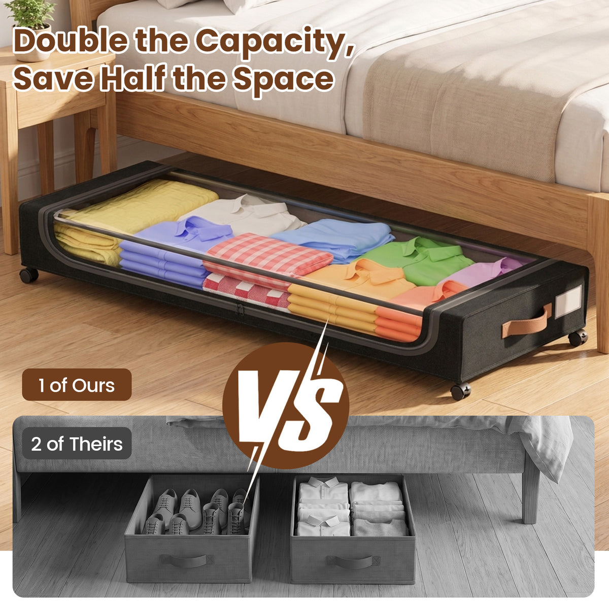 85L Under Bed Storage with Wheels, 2-Pack XXL Underbed Storage Containers with Clear Lid, Rolling Organizer Bins for Clothes, Shoes, Blankets (Black)