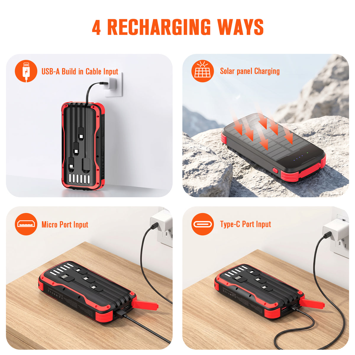 40000mAh Solar Power Bank Red, Portable Charger 20W PD Fast Charging, Solar Charger Power Bank W/4 Built-in Cables & 9 Charging Ways, Waterproof Dual LED Flashlights for Camping Hiking