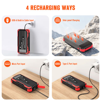 40000mAh Solar Power Bank Red, Portable Charger 20W PD Fast Charging, Solar Charger Power Bank W/4 Built-in Cables & 9 Charging Ways, Waterproof Dual LED Flashlights for Camping Hiking