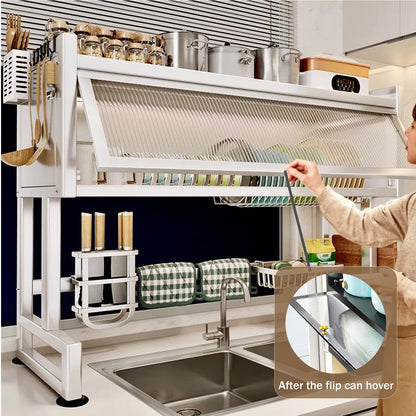 Kitchen Sink Countertop Dustproof Storage Rack, Multifunctional Organizer, White, for Drying Dishes, Glasses, Bowls, and Utensils, White