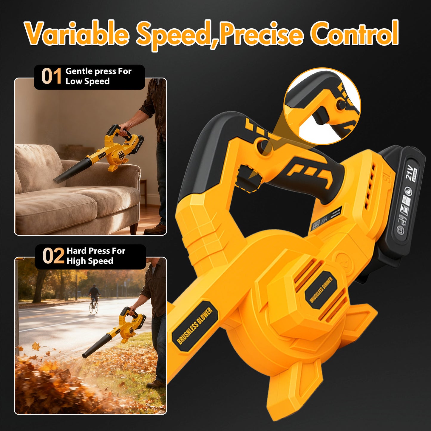 Leaf Blower Cordless with 2¡Á 2.0Ah Batteries and Charger, Variable Speed Switch, Lightweight Battery Powered Blowers for Lawn Care, Yard, Patio Cleaning, Blowing Leaves & Dust, Yellow