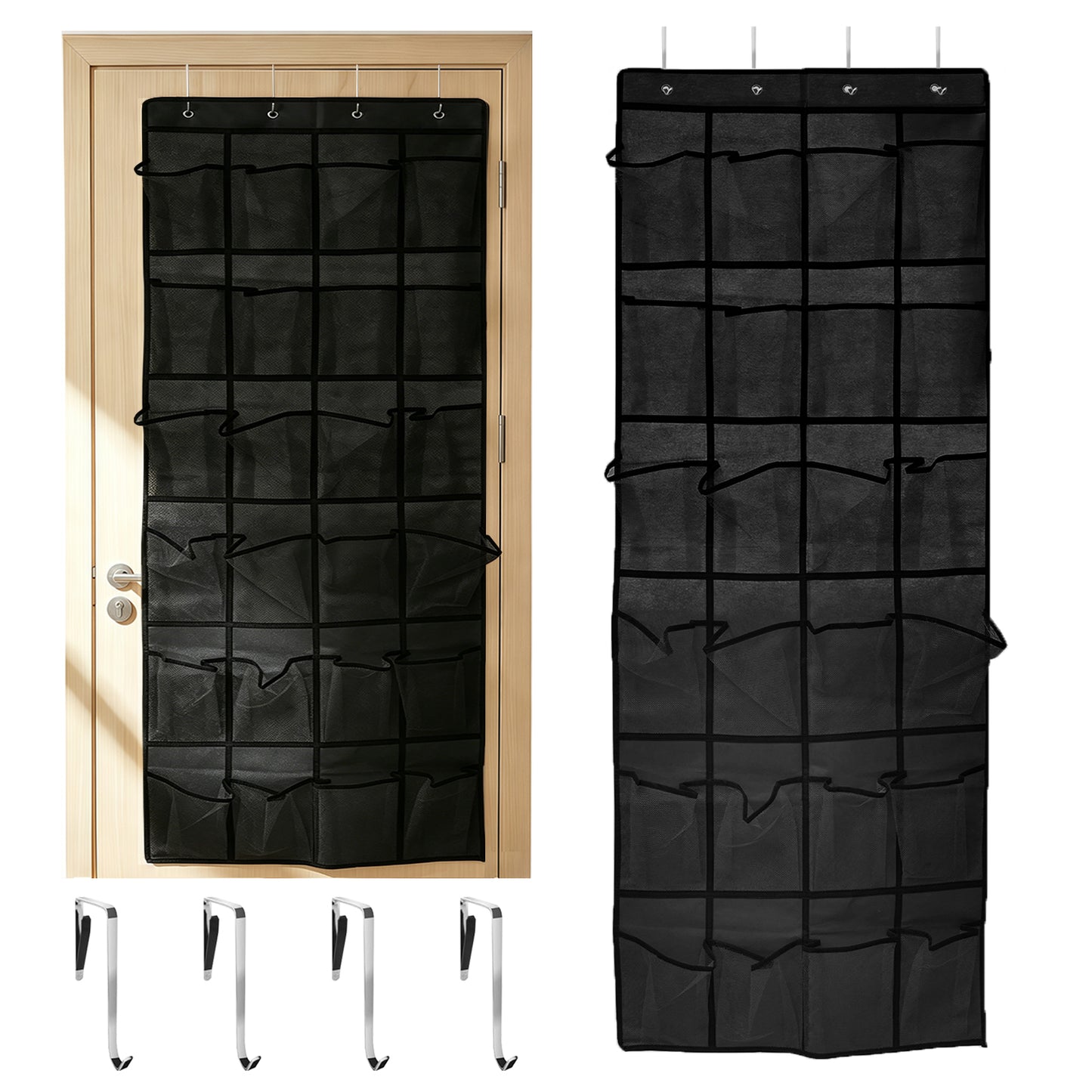Over The Door Hanging Shoe Organizer, 24 Large Breathable Mesh Pockets, 2 Pack Hanging Shoe Storage Organizer, Black