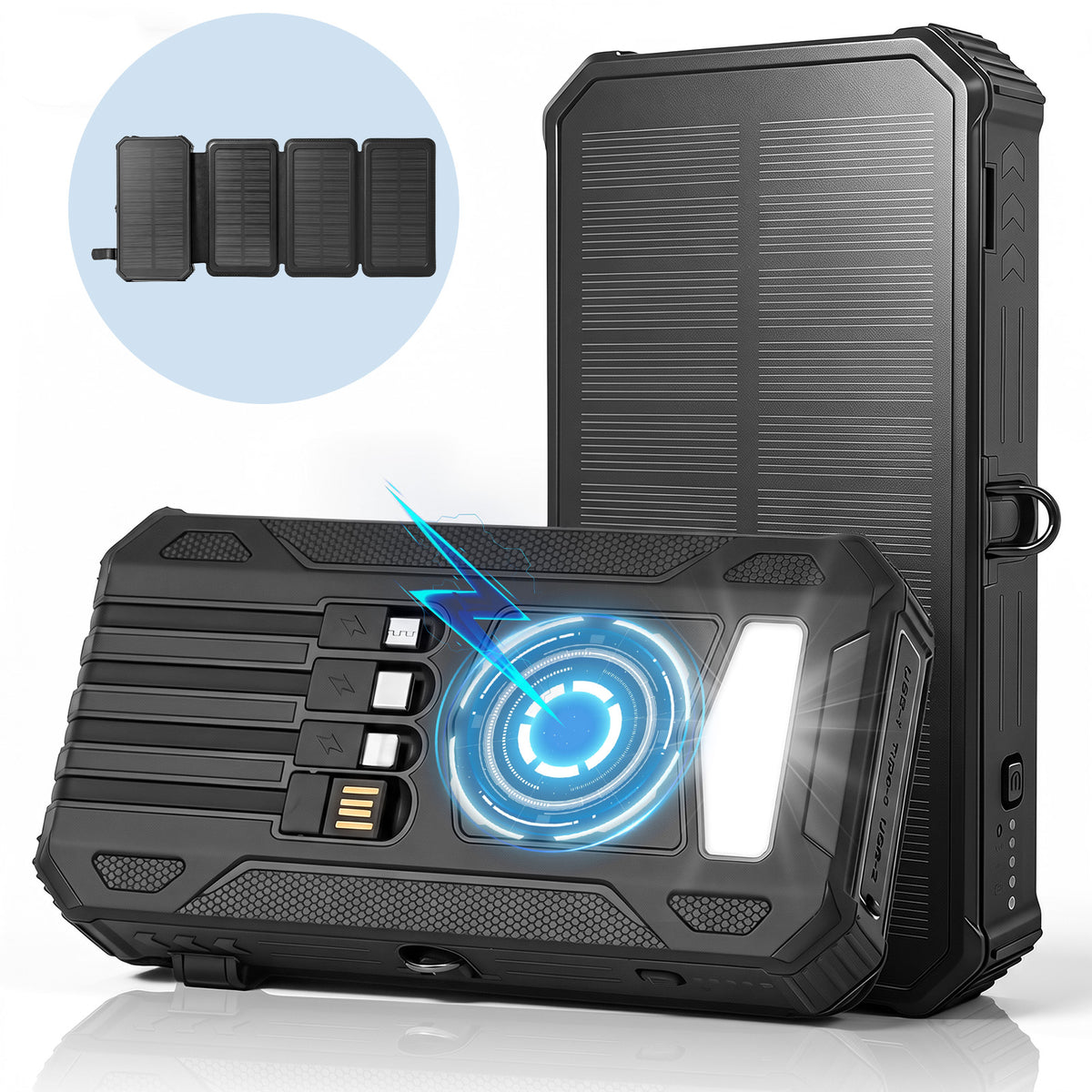Solar Power Bank 46800mAh, PD15W Fast Charging Solar Charger with 4 Built-in Cables & Wireless Charging, Portable Solar Charger for Cell Phone, Solar Battery Pack for Camping (Black)