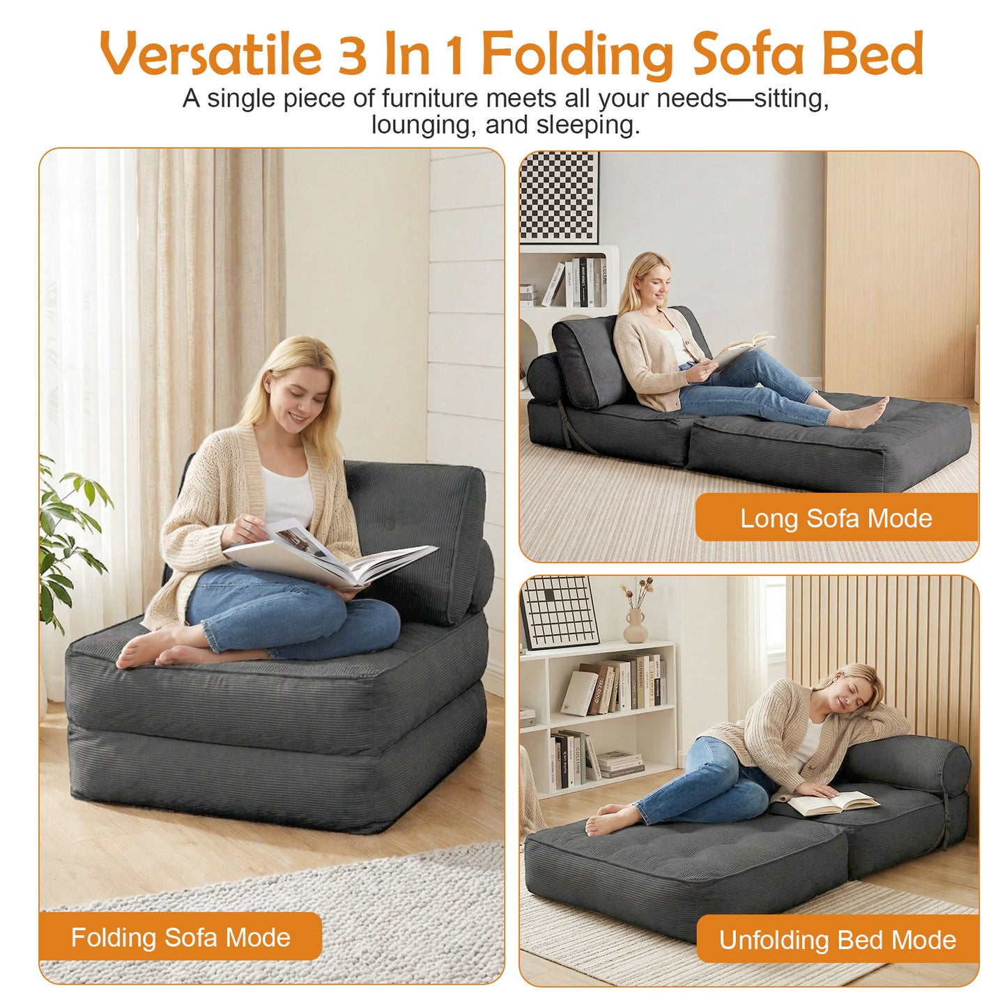 CATGOOD Single Sofa Bed with Pillow, Convertible Sleeper Sofa for Small Spaces, Portable Boneless Small Couch Comfy Floor Sofa Lounge Chair for Living Room, Bedroom, Gray