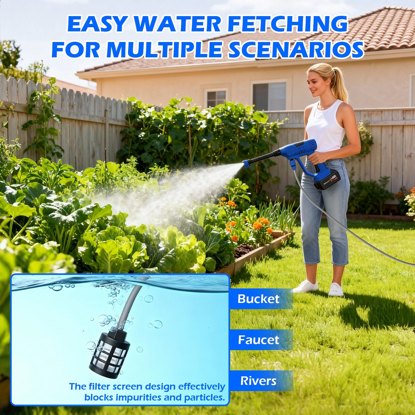 BAOKALER 21V Portable Cordless Pressure Washer, 900PSI High Pressure Washer with 10-Speed Adjustment, 6-in-1 Nozzle, Dual 4.0Ah Batteries for Watering Plants, Garden,Car, Floor Cleaning
