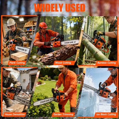 BAOKALER Cordless Gas Chainsaw 20-Inch 62CC, 2-Stroke Engine for Wood Cutting, EPA Certified with 2 Chains, Orange