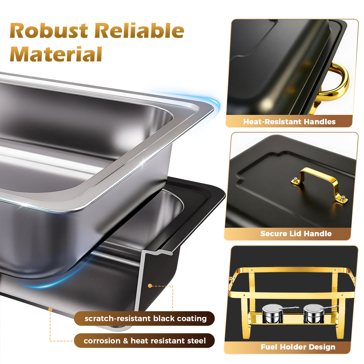 CATGOOD 9QT Black Gold Chafing Dish Buffet Set 1 Pack, Chafing Dishes for Buffet, Buffet Warmer with Scratch-Resistant Coating, Food Warmers for Parties