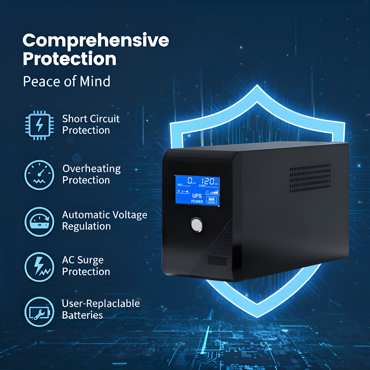 CATGOOD Backup UPS Power Supply 1000VA 600W Battery Backup Power with 3 Outlets and LCD Display, Suitable for Home and Office