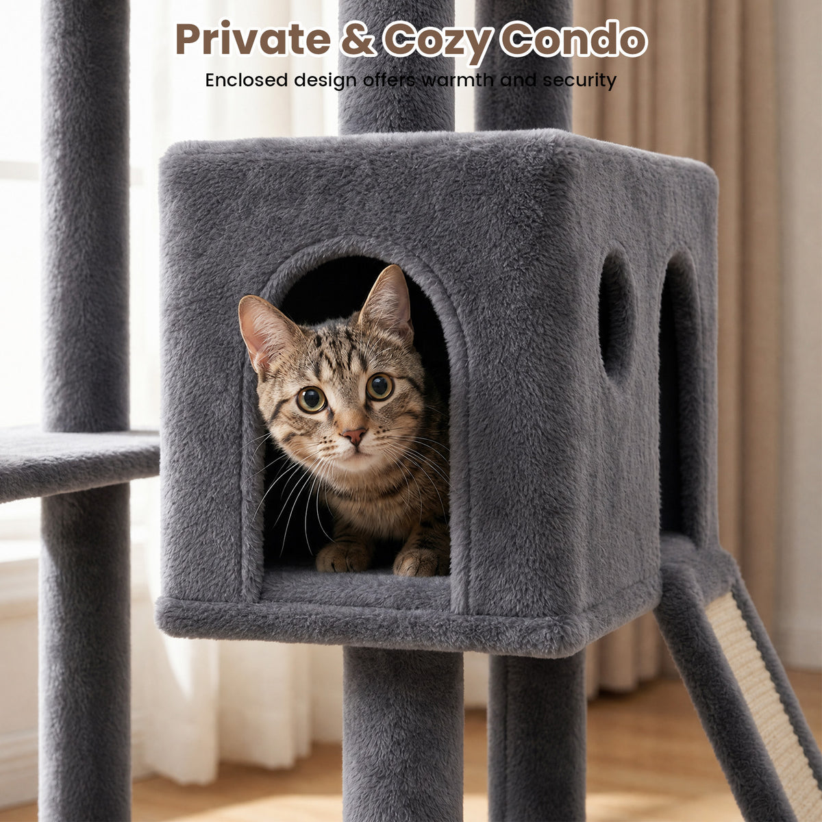 70" Cat Tree Tower, Heavy Duty Cat Tower for Multiple Adult Cats, Multi-Level Tall Cat Tree with 2 Condos, Hammock and Scratching Post for Indoor Kitties, Dark Grey